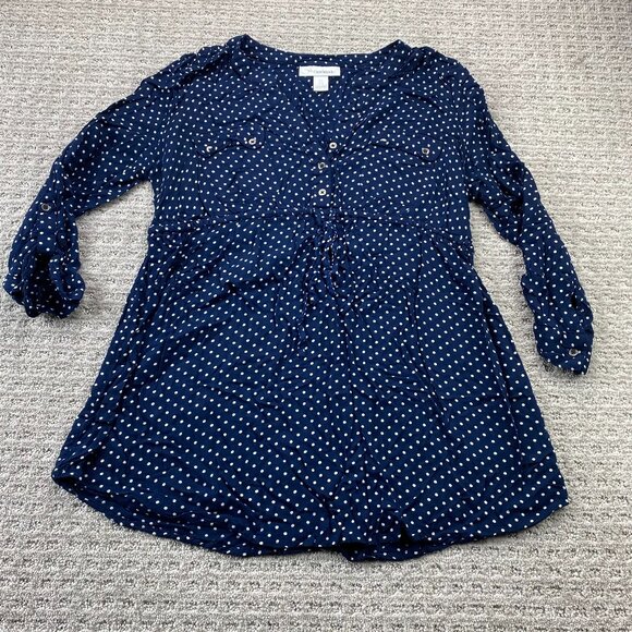 Motherhood Maternity Mini Dress Shirt Women Size Large L Navy Blue Polka Dots - Picture 1 of 8